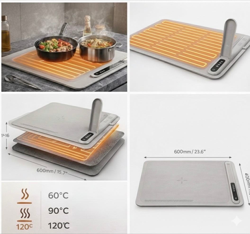 Nouvelle version - Plaque chauffante enroulable Celox Plata 2.0 – 500W – Redémarrage manuel – Silicone flexible, 6 modes jusqu’à 120°C